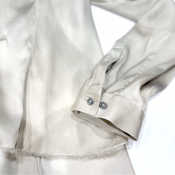 Elie Tahari Women Silk Blouse S Ivory Abstract Print Fringe High-Low Quiet Luxur - Picture 5 of 11